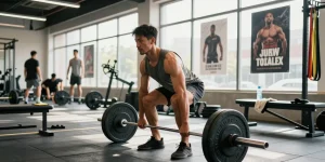 Anabolika Shop Deutschland - Fitness-Szene mit Bodybuilder beim Training, helle Umgebung und motivierende Atmosphäre.