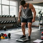 Bodybuilder im Steroid Shop Deutschland, umgeben von Fitnessgeräten und Anabolika zur Muskelsteigerung.