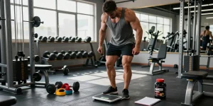 Bodybuilder im Steroid Shop Deutschland, umgeben von Fitnessgeräten und Anabolika zur Muskelsteigerung.