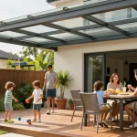 Terrassenüberdachungen in einem modernen Garten mit Familie und Spielzeug.