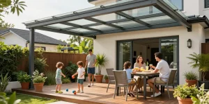 Terrassenüberdachungen in einem modernen Garten mit Familie und Spielzeug.