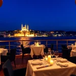 Bosphorus dinner cruise with stunning skyline views and elegant dining setup.