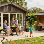 Schönes Garten Haus mit blühenden Pflanzen, Spielplatz und Familienaktivitäten im Freien.