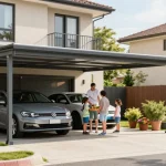 Moderner Carport, der eine Familie bei der Nutzung unter einem stilvollen Carport zeigt, umgeben von einem schönen Garten.