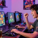 Excited player celebrating a win on สล็อตเว็บตรง gaming laptop with colorful graphics and vibrant atmosphere